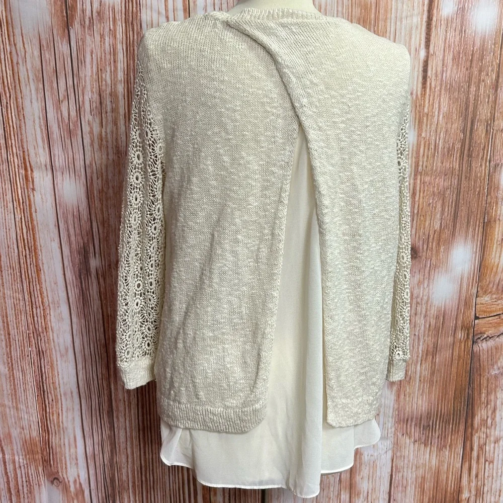 Lucky Brand Ivory Linen Blend Layered‎ Split Back Lace Sleeve Sweater